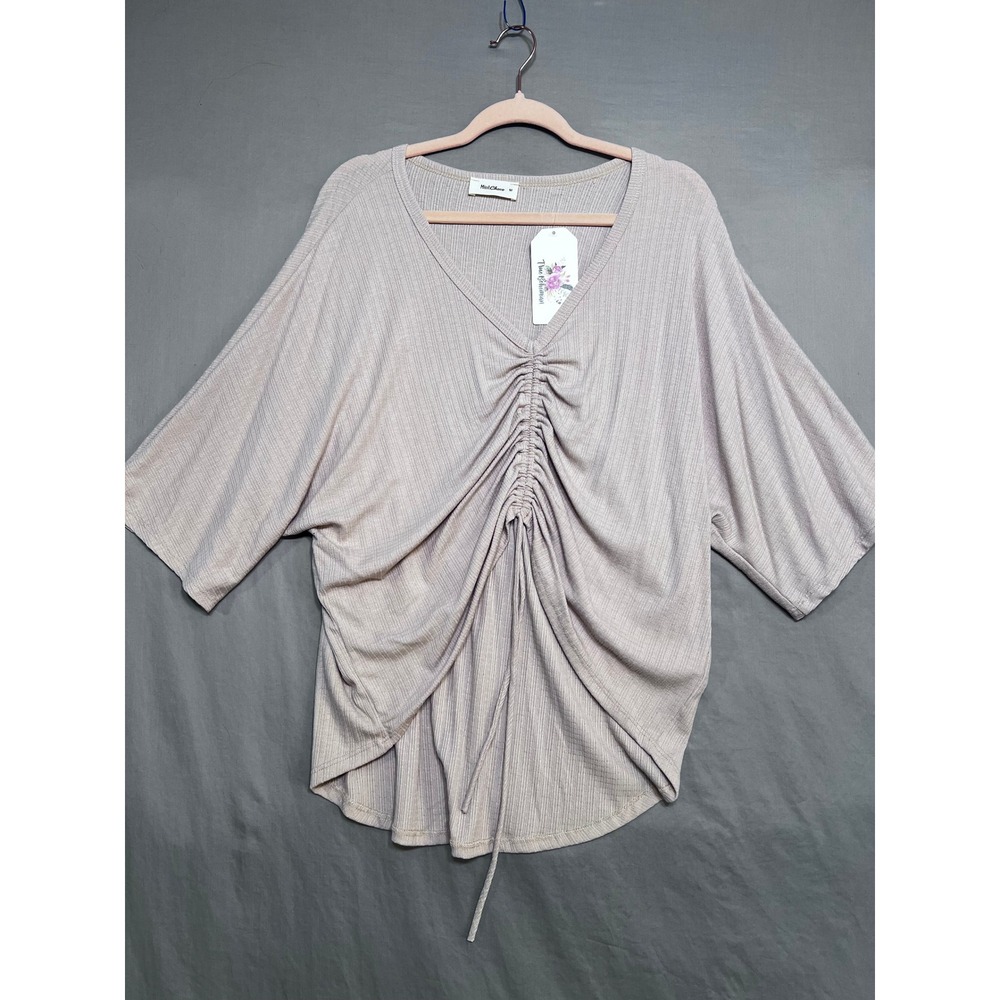 ModChic Ribbed Knit Cinch Front V-Neck Top Dolman Sleeve High Low Hem